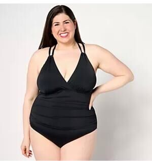 Jantzen Surplice Neck Strappy Back One-Piece Swimsuit black Sz 14